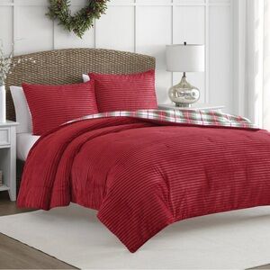 Martha Stewart Queen Comforter Set of 3 Red, Reversible, Wide Corduroy Plaid NWT